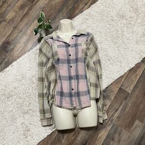 Buckle Blue B Size Large Boho Plaid Distressed Raw Edge Frayed Button-Up Top